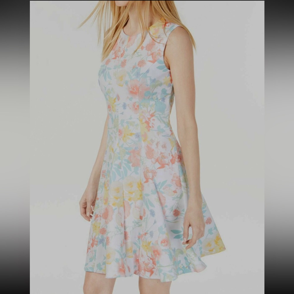 Calvin Klein Pastel Floral Scuba A-Line Dress Petite 10P Sleeveless - Picture 7 of 10